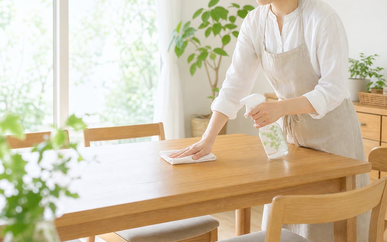 リビングのテーブルを拭き掃除する様子