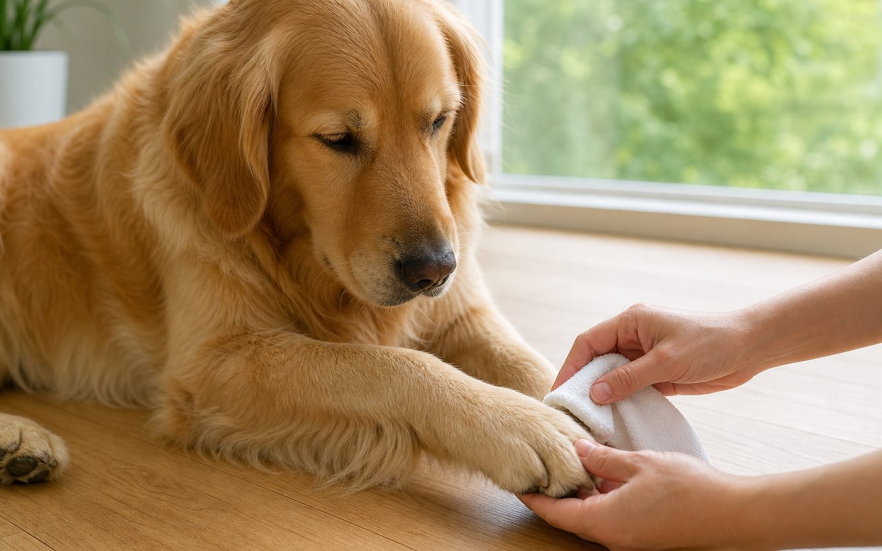 室内で犬の足元をケアする様子